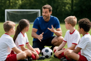 A youth soccer coach talking to players while they sit on the ground